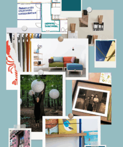 Collage aus Designmöbeln, Stuhl und Couch, Farb‑ und Materialproben sowie Wohnaccessoires in stilvollen Interior‑Szenen für
