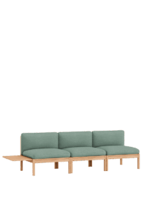 Modulares 3-Sitzer Designmöbel mit Beistelltisch aus hellem Holz und graugrünem Wollbezug für nachhaltiges Design