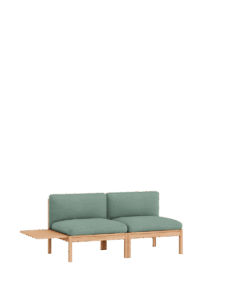 Modulares 2-Sitzer Designmoebel in Graugrün mit hellem Holzgestell und Beistelltisch für nachhaltiges Interior