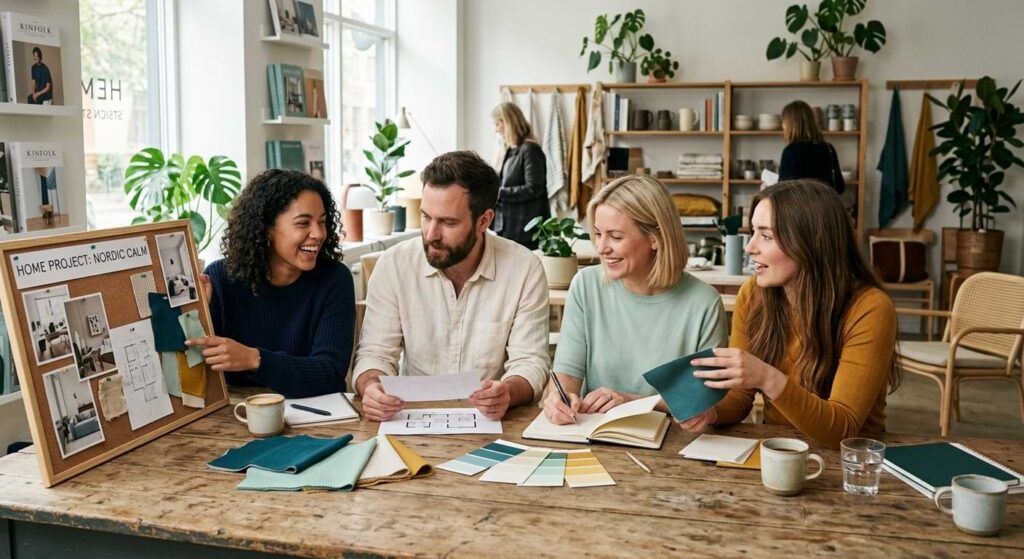 Kleine Gruppe arbeitet im Wochenprogramm der Wohnakademie von LokalDesign gemeinsam an Moodboards, Farb- und Stoffproben