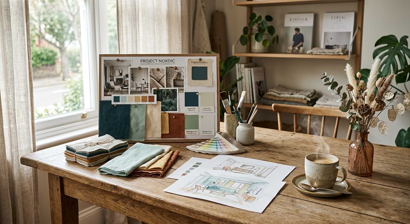 Schreibtisch am Fenster mit Moodboard, Stoffmustern, Farbfächer und Interieur-Skizzen im Wochenprogramm der Wohnakademie