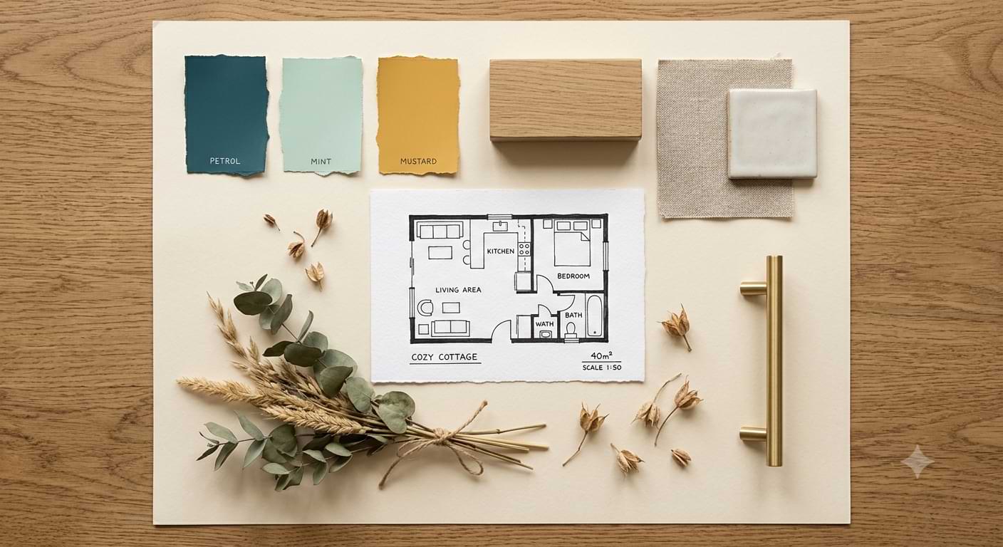 Moodboard der Wohnakademie mit Farbpalette in Petrol, Mint und Senfgelb, Grundriss und Materialproben aus Holz, Leinen und Keramik